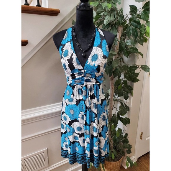 Co-Me Como Blue Multicolor Floral Halter Neck Sleeveless Knee Length Dress M - Picture 1 of 12